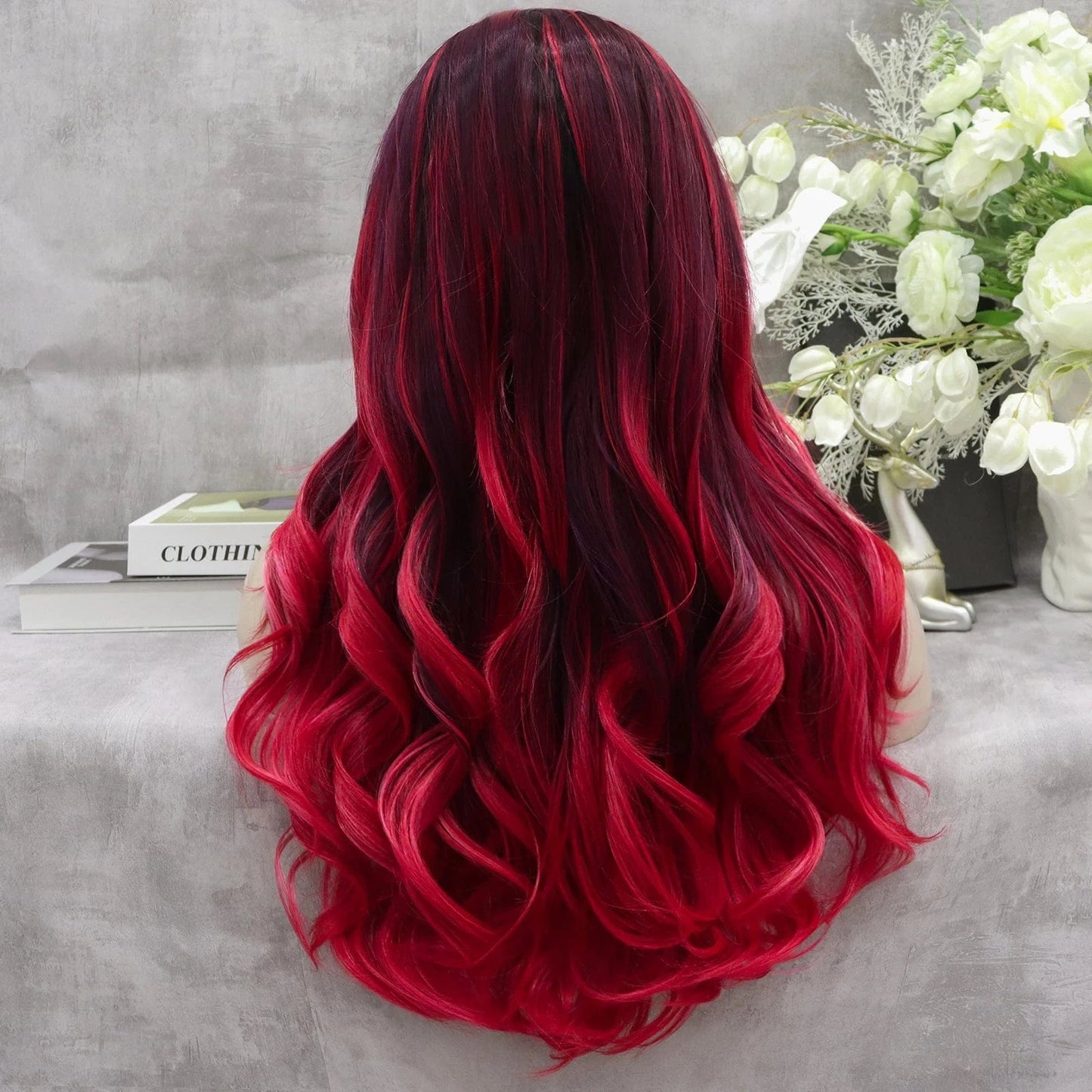 26 Inches / S1-2001-01-GL Celebrity Wig New Designed ombre red color Daily life Wearing futura Matte fiber Synthetic Lace front Wigs