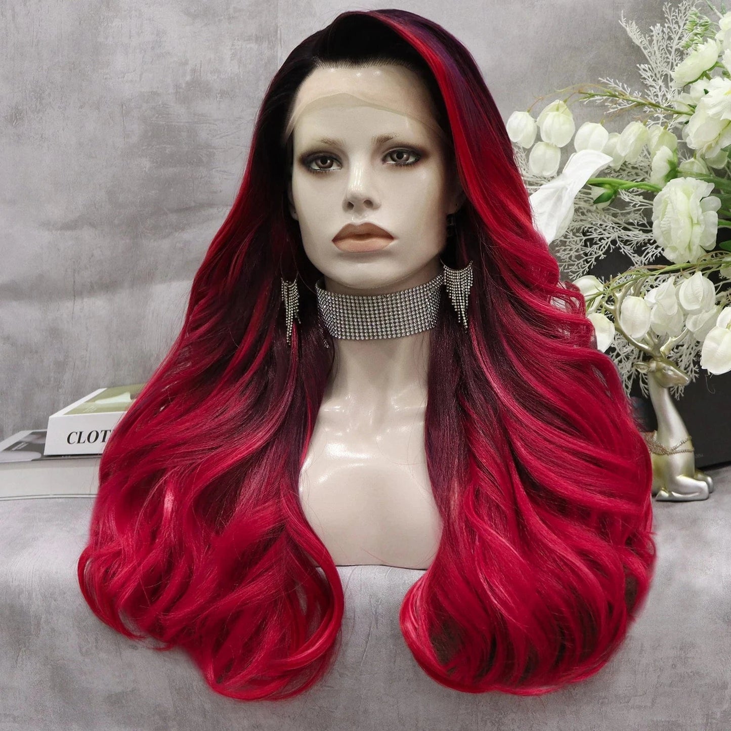 26 Inches / S1-2001-01-GL Celebrity Wig New Designed ombre red color Daily life Wearing futura Matte fiber Synthetic Lace front Wigs