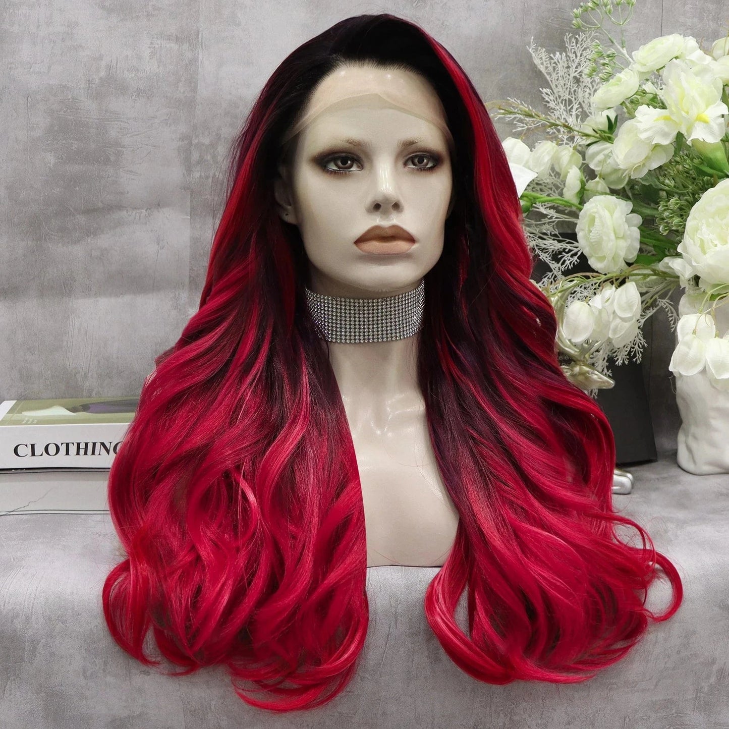 26 Inches / S1-2001-01-GL Celebrity Wig New Designed ombre red color Daily life Wearing futura Matte fiber Synthetic Lace front Wigs