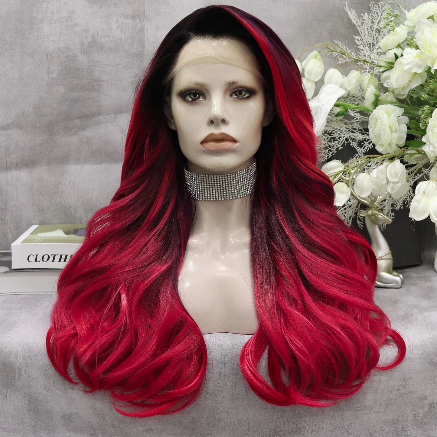 26 Inches / S1-2001-01-GL Celebrity Wig New Designed ombre red color Daily life Wearing futura Matte fiber Synthetic Lace front Wigs