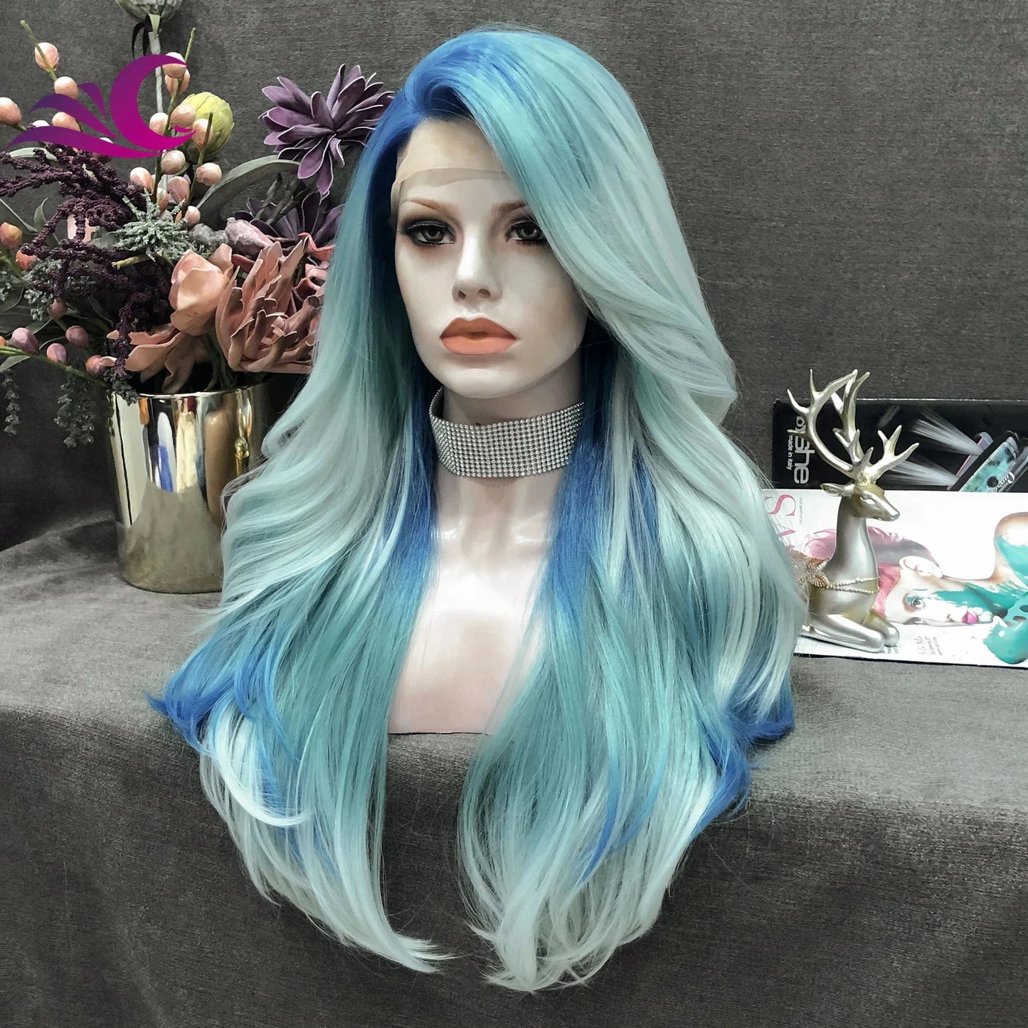 26 Inches / S24-2027 Celebrity wholesale Heat Resistant Fiber Cosplay Long Natural Hair Wavy drag queen Wig For Woman ombre blue synthetic wigs