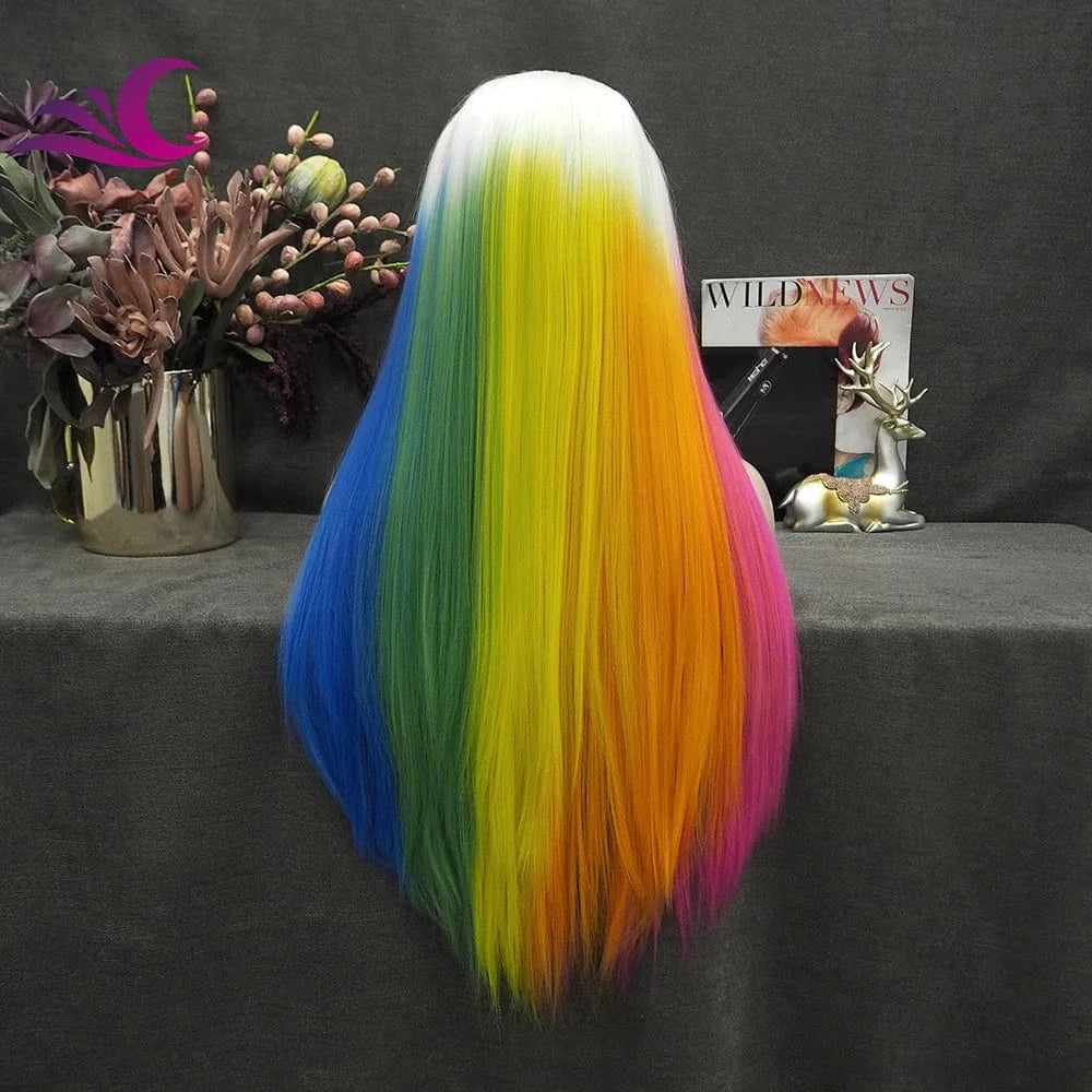 26 Inches / S32-2137 Celebrity Wholesale Fashion Rainbow Multicolor Silky Straight Heat Resistant Futura Fiber Synthetic Hair Lace Front Wig