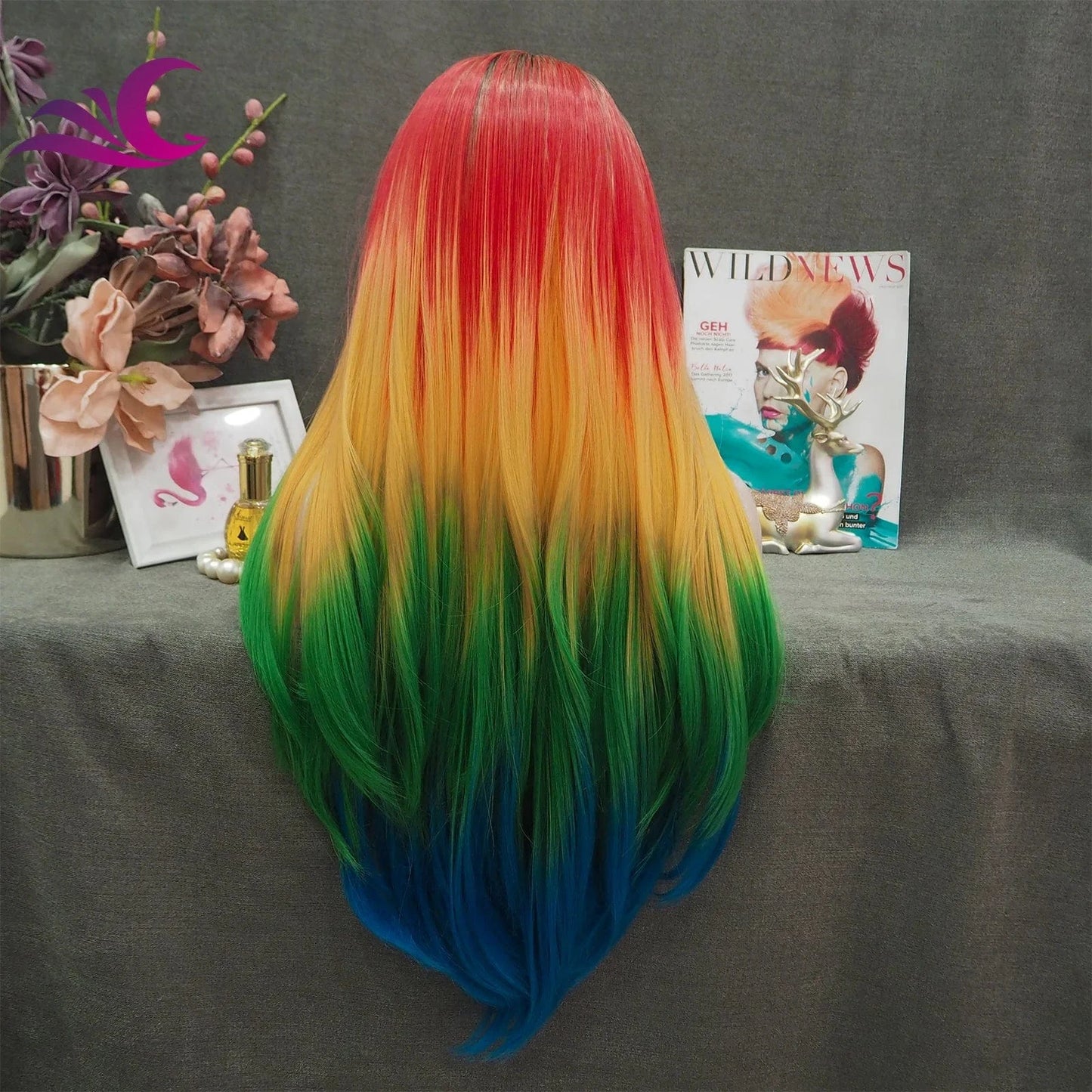 26 Inches / S33-2118 Celebrity Rainbow Synthetic Lace Front Wig Long Straight Hair Multicolor Wigs For Party Colorful Wig