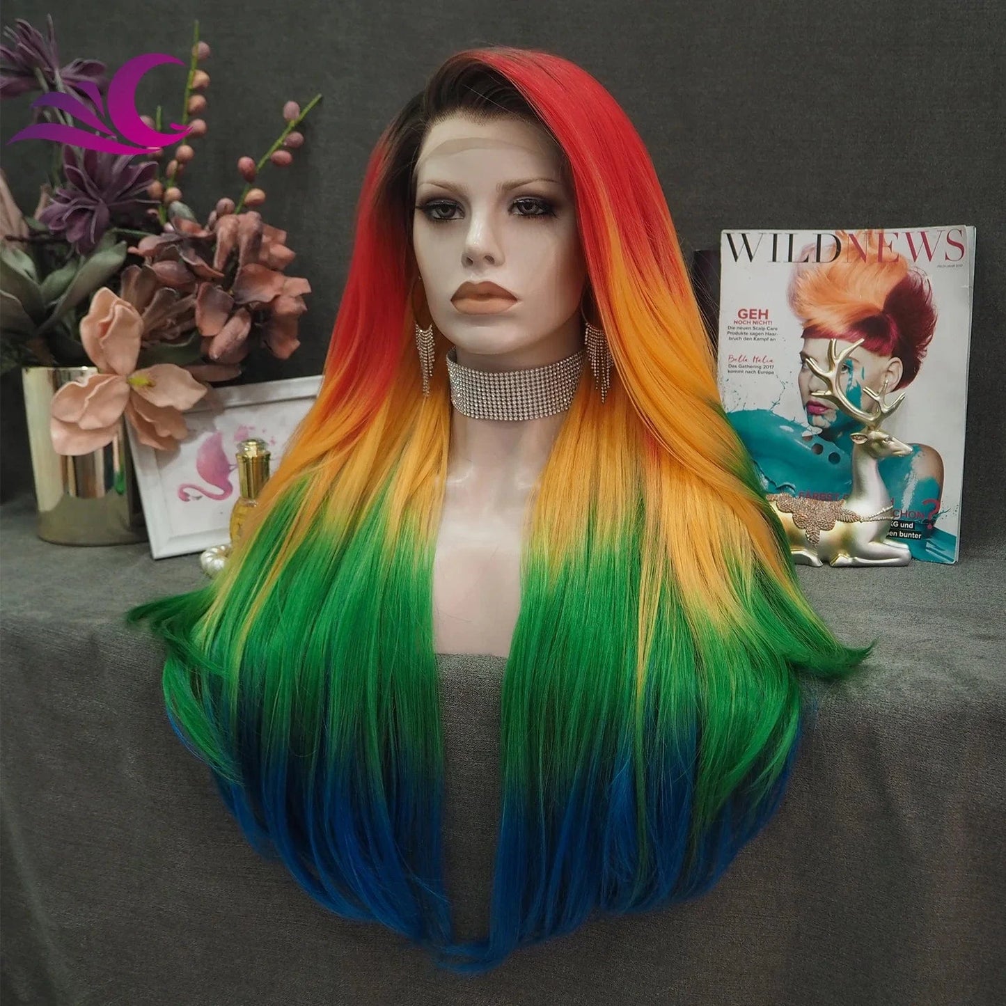 26 Inches / S33-2118 Celebrity Rainbow Synthetic Lace Front Wig Long Straight Hair Multicolor Wigs For Party Colorful Wig