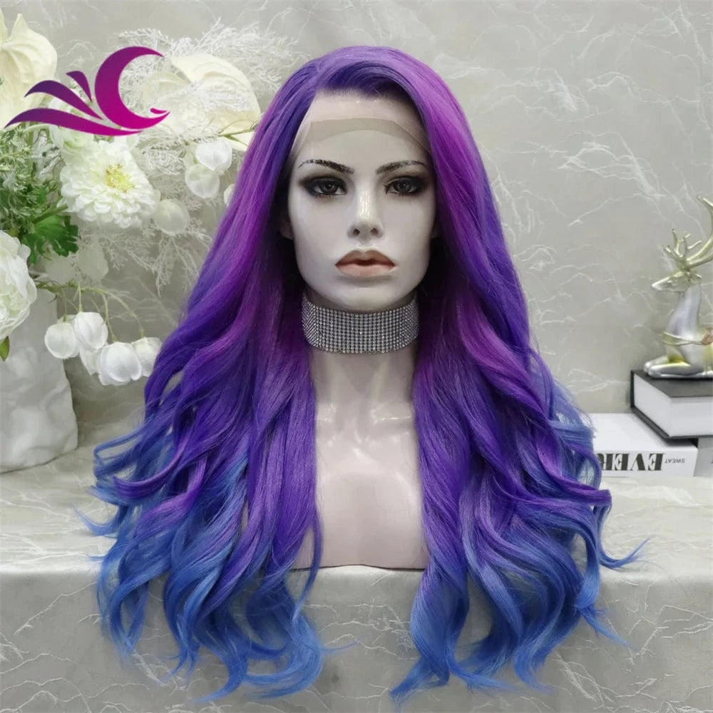 26 Inches / S73-2204-02 Pre-Plucked Colored Wig Ombre Blue Purple Color Heat Resistant Premium Fiber Futura Colorful Synthetic Hair Wigs