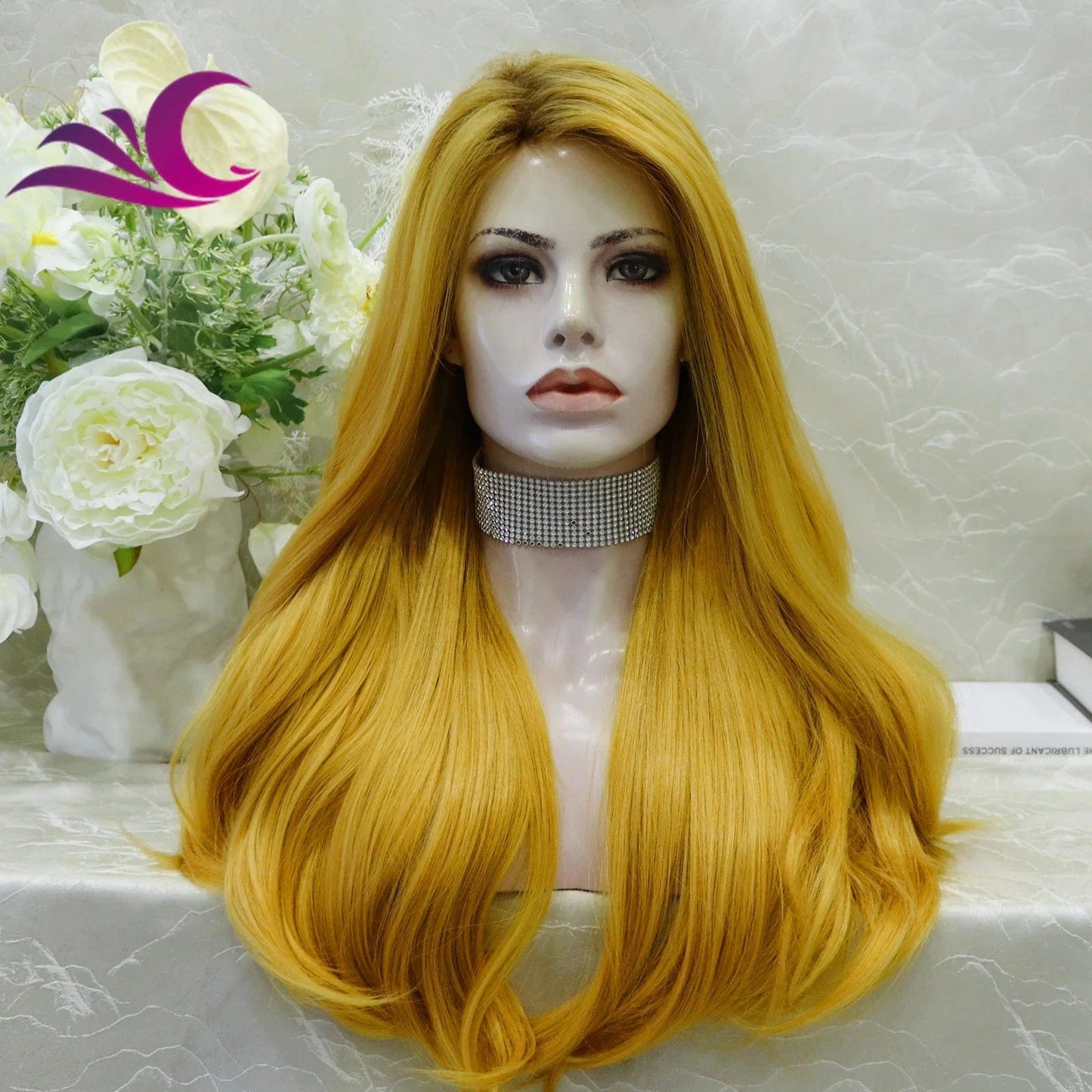 26 Inches / SAW36-T10-T0935-144 Celebrity 3 color mix highlight honey blonde color heat resistant fiber glueless full machine wig for daily
