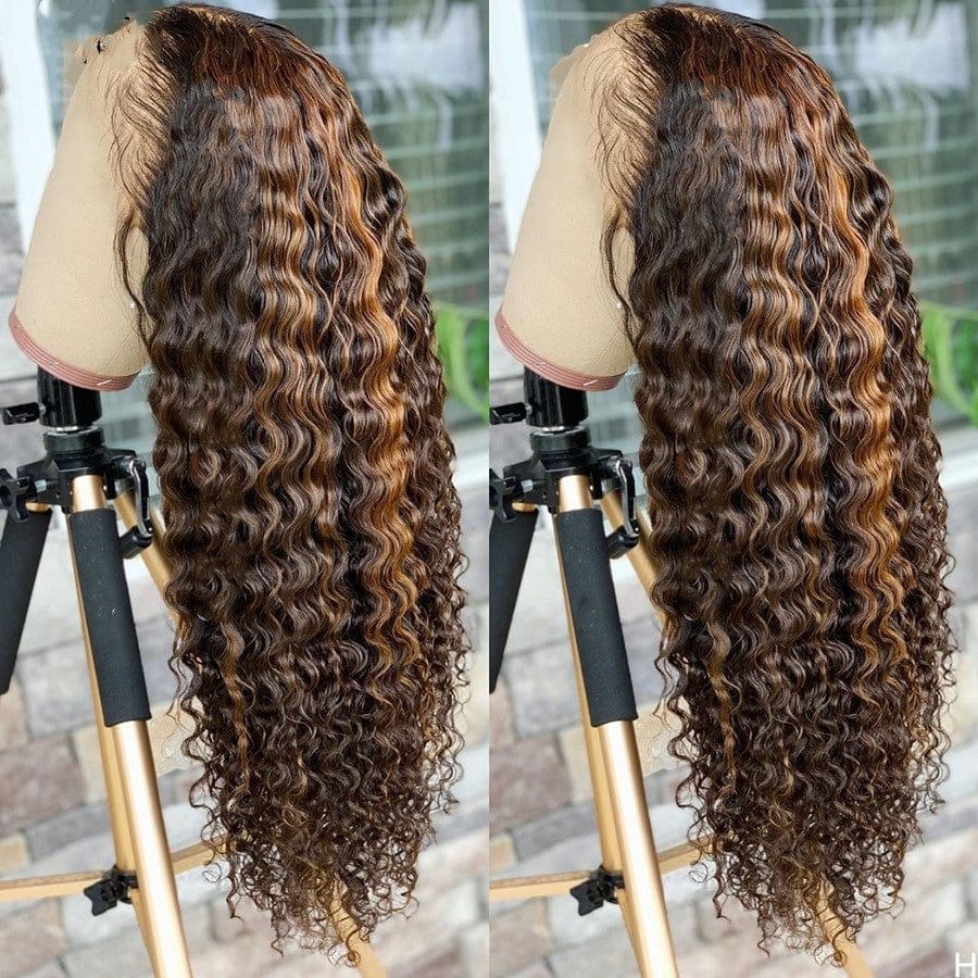 26 Inches / T Lace Wig Brazilian Highlight Honey Blonde Pre-plucked Virgin Human Hair Deep Wave Lace Frontal Wigs For White and Black Women