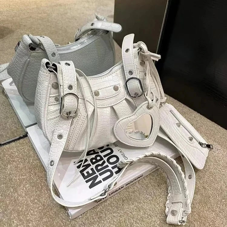 26x8x16cm / 6299 Crocodile White Women Tassel Handbags Purses Set Rivet PU Leather Pleated Shoulder Bag Crossbody Female Purse Multi-pocket Denim Moon Saddle Bag