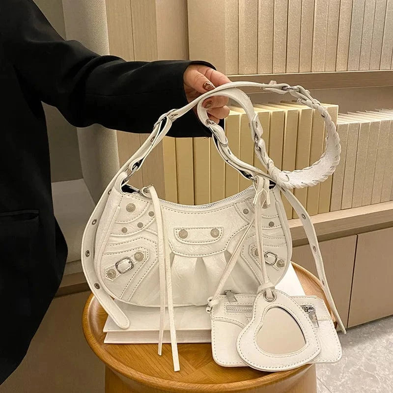 26x8x16cm / 6299 White Women Tassel Handbags Purses Set Rivet PU Leather Pleated Shoulder Bag Crossbody Female Purse Multi-pocket Denim Moon Saddle Bag