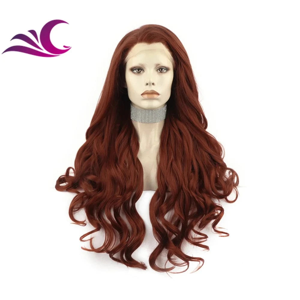 28 Inches / N5-350 Celebrity fire red color long curl pre-plucked natural hairline heat friendly synthetic hair lace front wig