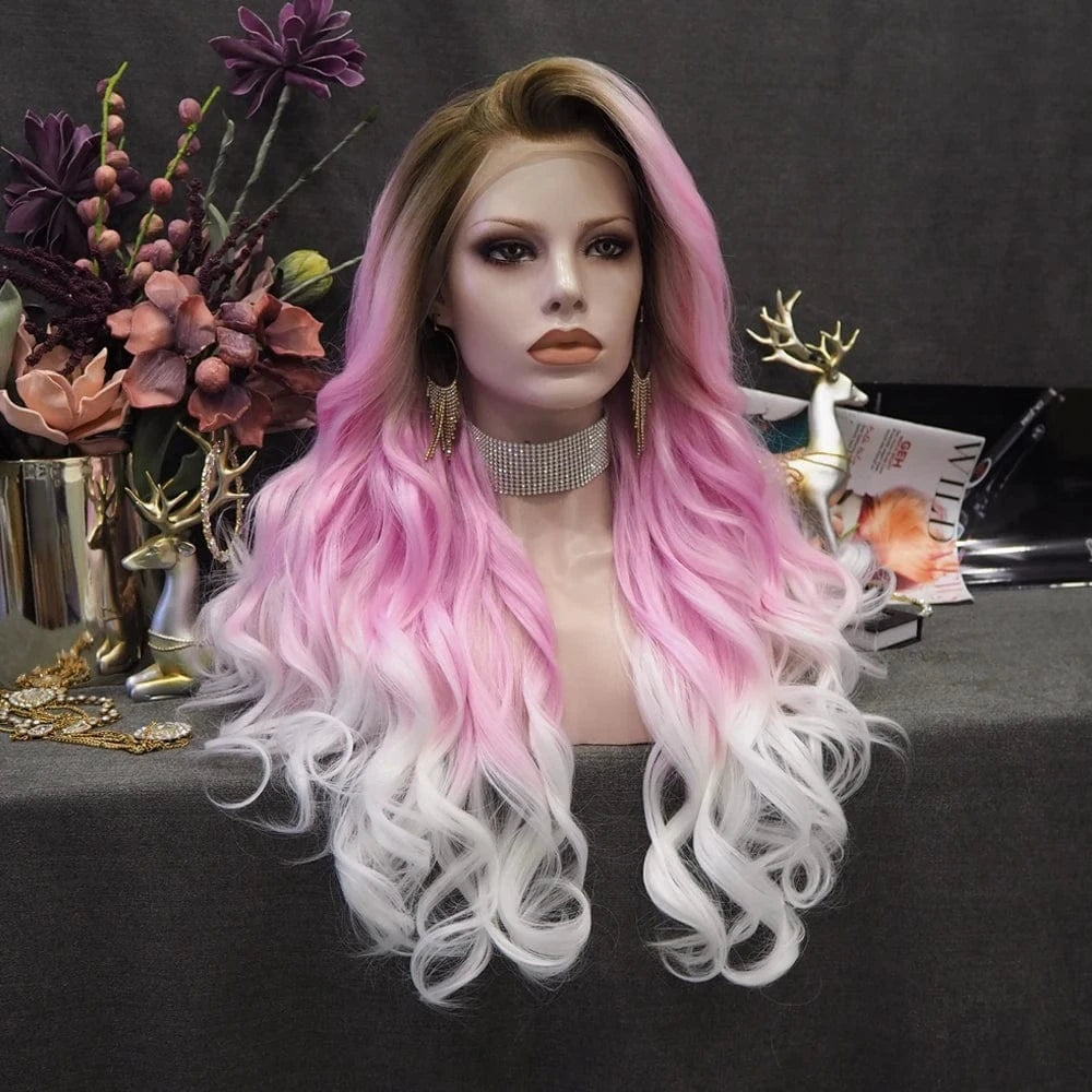 28 Inches / N5-C152-GL Celebrity 180% density Preplucked Natural Hairline natural dark root pink white Color 28inch synthetic lace wigs heat resistant