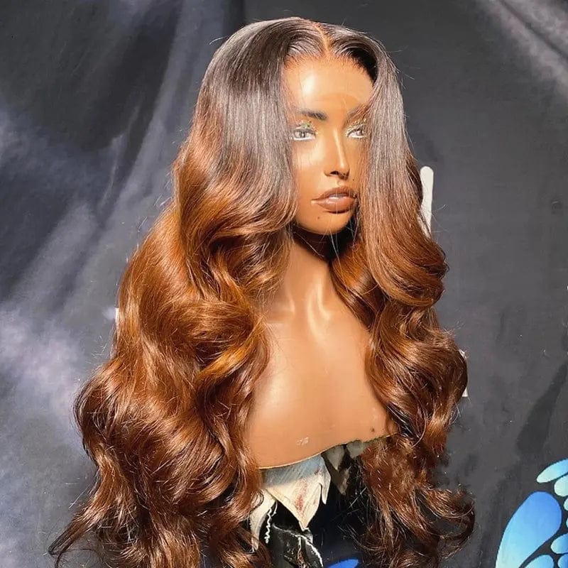 28 Inches / #Ombre Color Ombre Brown Wave Blonde Human Hair Wig Lace Frontal Luxury Invisible Knots Middle Part Brazilian Raw Human Hair Lace Front Wigs