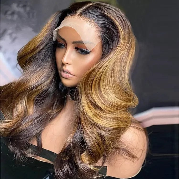 28 Inches / #Ombre Color Ombre Highlight Blonde Brown Human Hair Lace Front Wig For Women Body Wave 100% Real Mink Brazilian Raw Human Hair Wigs Frontal