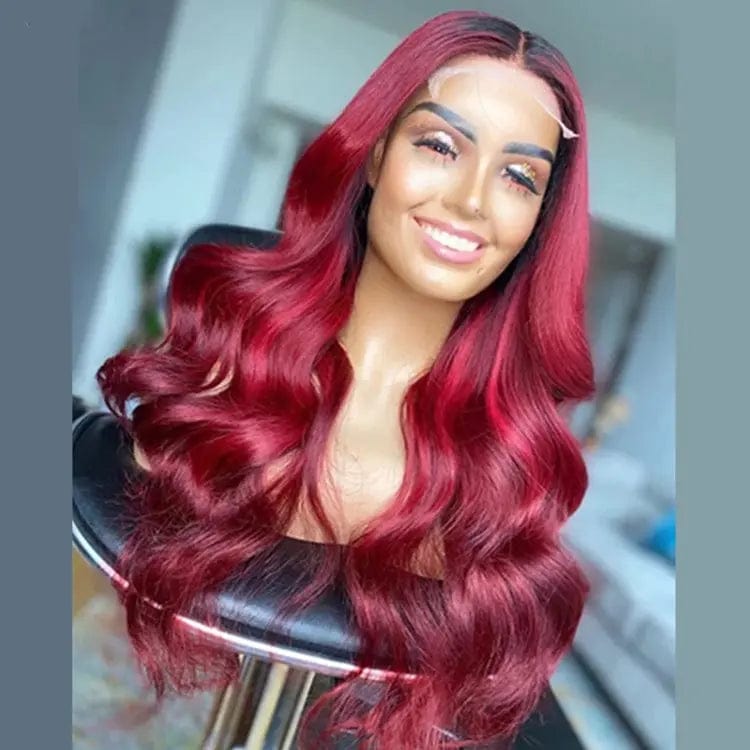 28 Inches / #Red Color Red Color Human Hair Lace Front Wigs With Middle Part Baby Hair Body Wave Burgundy 99j Brazilian Virgin Remy Raw Human Hair Wigs