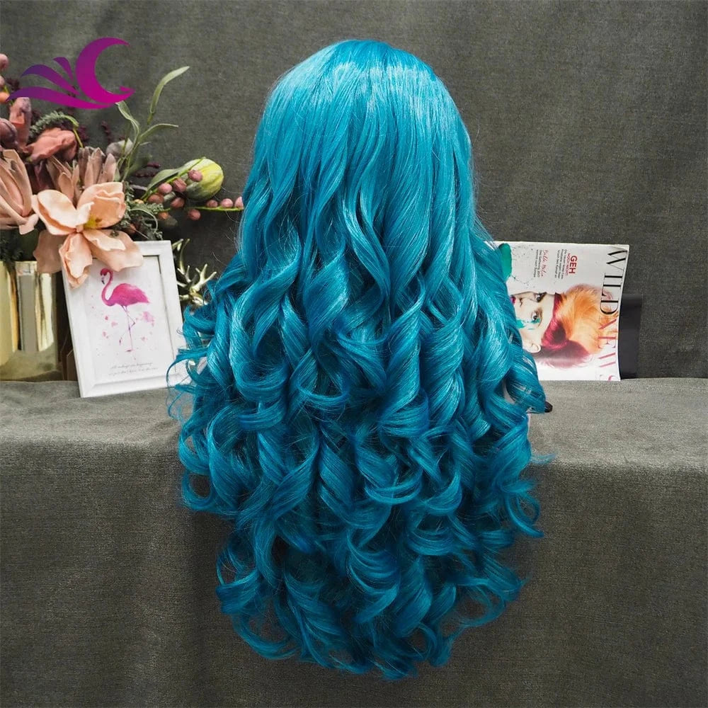 28 Inches / S72-2178-blue-raise Celebrity 180% Density Blue Colorful Cosplay Wigs Japanese Futura Heat Resistant Lace Front Wigs
