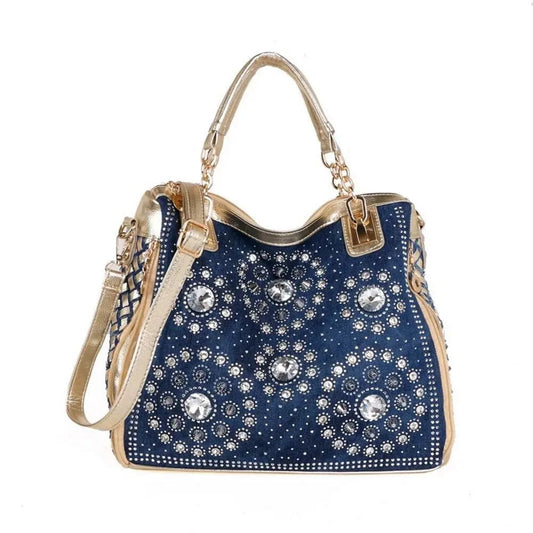 28X12X27CM / Gold Luxury Trendy Casual Fashion Shoulder Bag For Ladies Rhinestone Women's Denim Handbag Shoulder Tote Bag