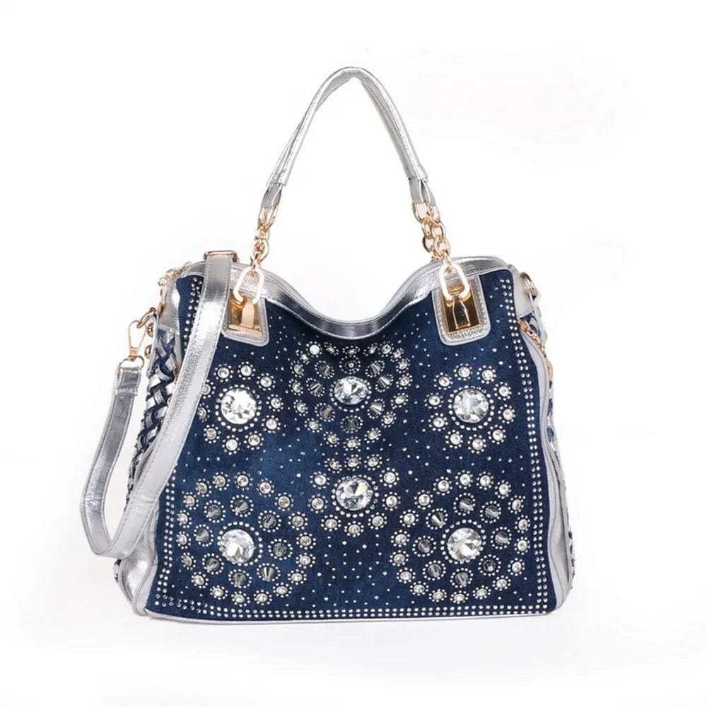 28X12X27CM / Silver Luxury Trendy Casual Fashion Shoulder Bag For Ladies Rhinestone Women's Denim Handbag Shoulder Tote Bag