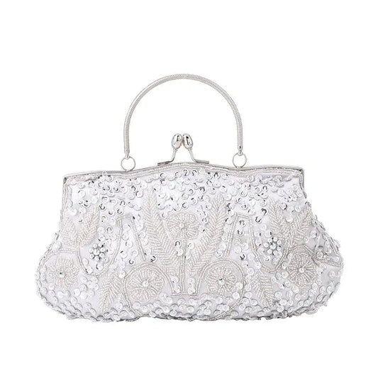 29*8*16cm / White Spot Wholesale Flower Pattern Bead Embroidery Metal Handle Double-sided Channeling Beads Evening Bags Ladies