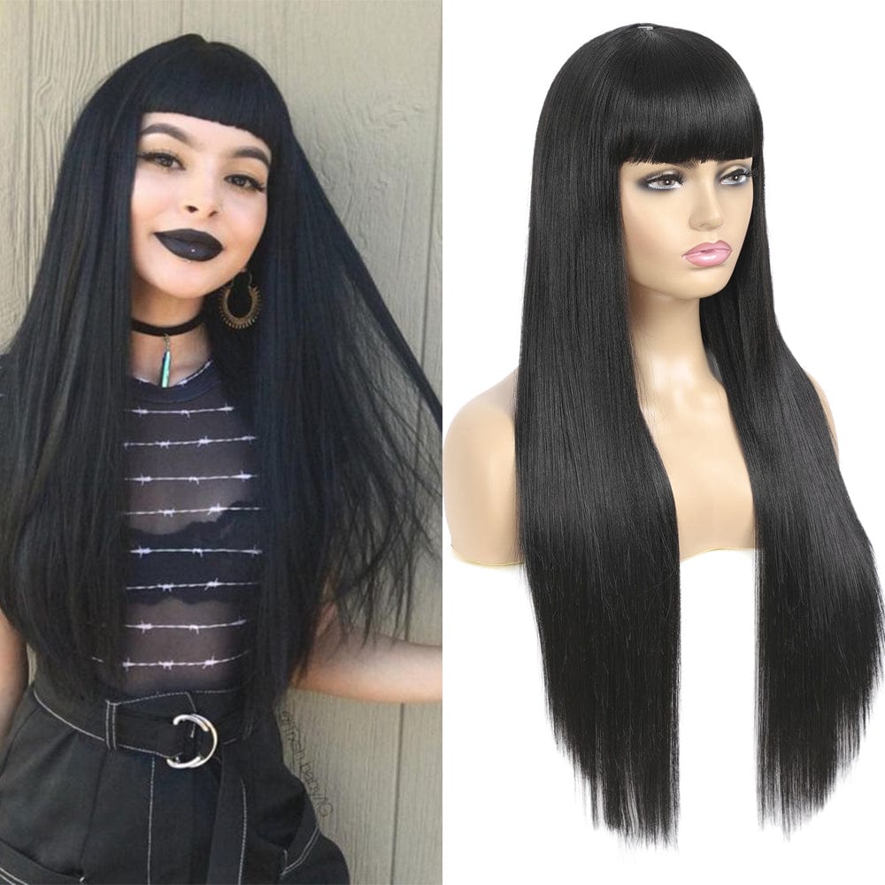 29 Inches / 1B X-TRESS NEW Factory Price 29 Inch Long Straight Hair Lace Front Wig With Bangs Heat Resistant Synthetic Wigs For Black Women