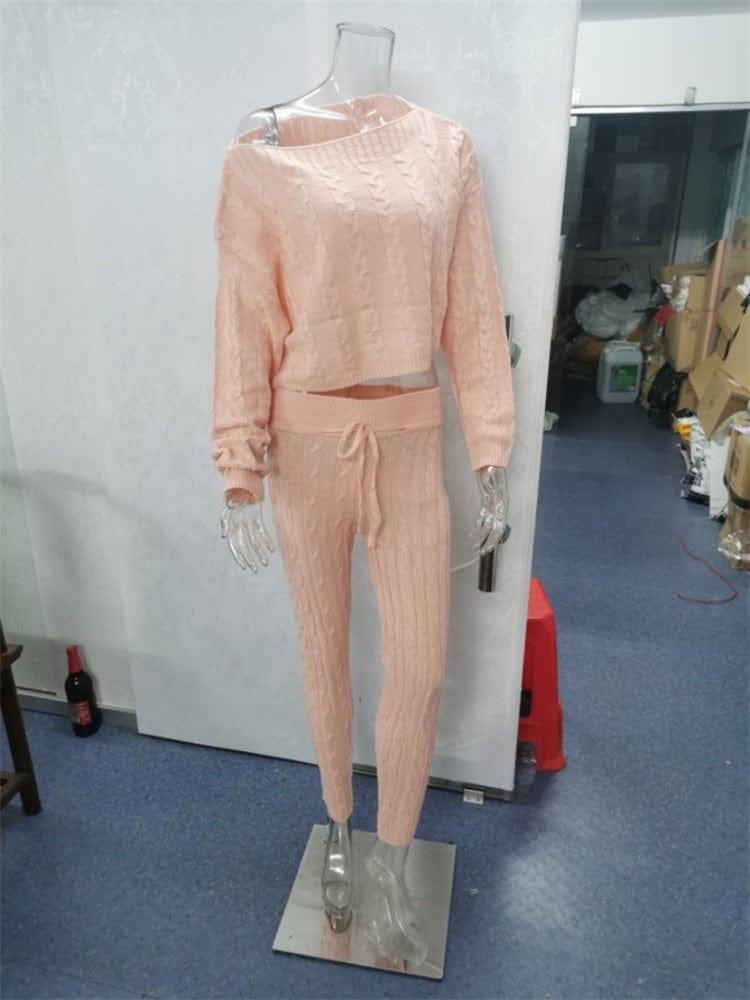 2pcs/Set Autumn Winter Knitted Outfits Women Pant Suits Sexy One Shoulder Sweaters Skinny Pants Two Piece Set Women