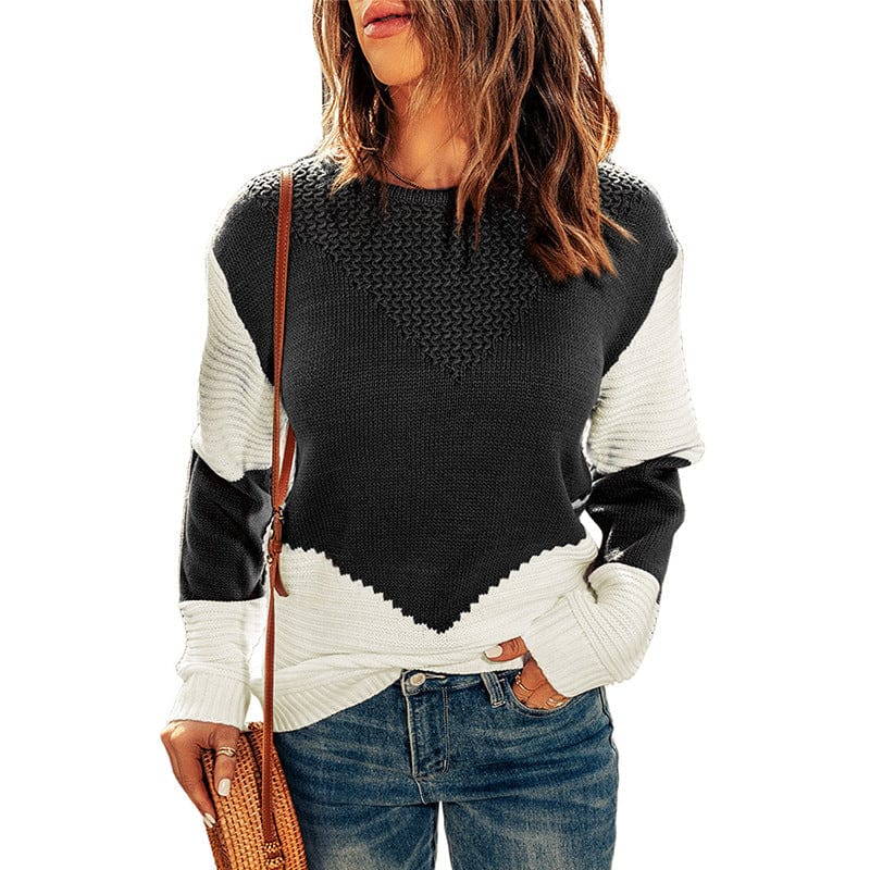 2XL / black Women's Clothing Cross-Border Contrast Color Pullover Autumn Winter New Loose Round Neck Long Sleeve Top For Women