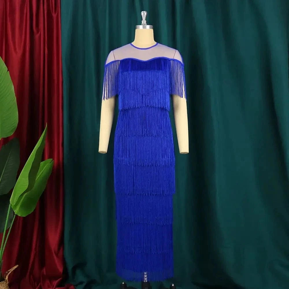 2XL / Blue Wholesale Plus Size Sexy See Through Mesh Women Tassel Party Dress
