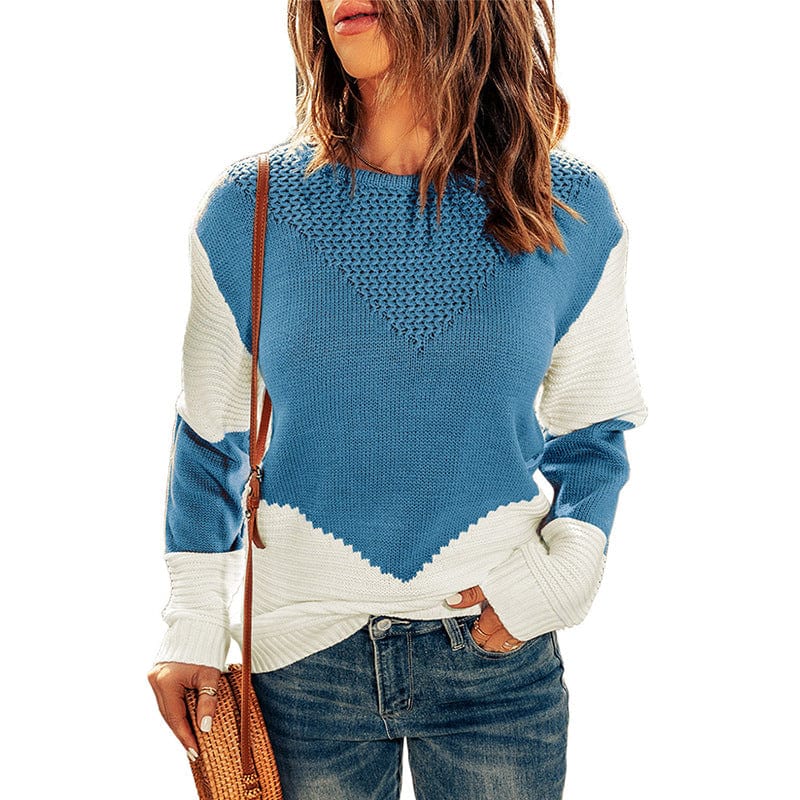 2XL / Sky Blue Women's Clothing Cross-Border Contrast Color Pullover Autumn Winter New Loose Round Neck Long Sleeve Top For Women