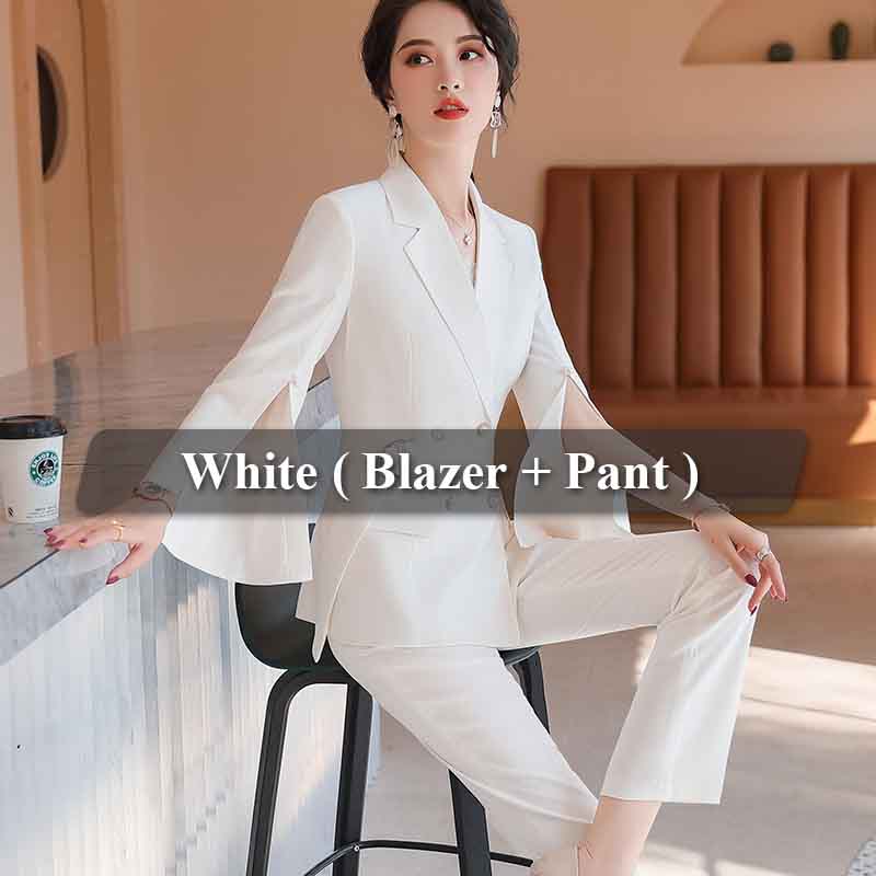 3 XL / 2 Piece White Suits 2 Pieces Set Women Split flared sleeves Pant Suit Office Lady Formal Female Soft Double Breasted Blazer with Pant