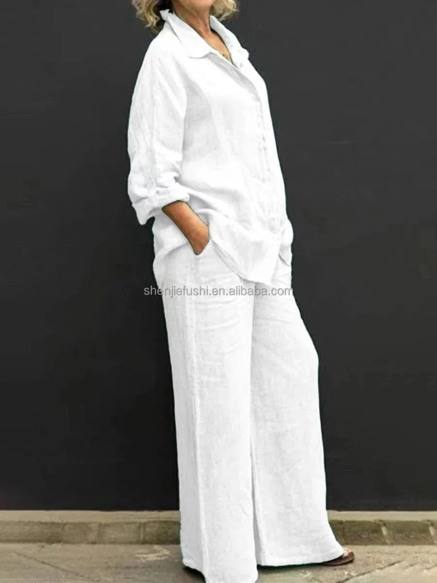 3 XL / 4 J&H 2024 Hot Sale Women Spring Shirt Two Pieces Set Vintage Solid Long Sleeve Button Blouse And Loose Straight Pants Suits