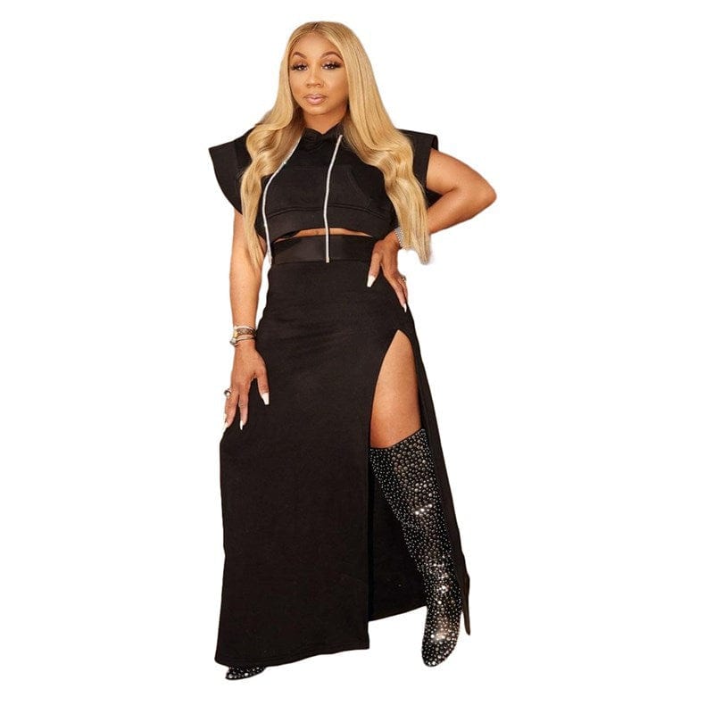 3 XL / Black 2022 Summer New Arrival Fashion Women Two Piece Set Solid Color Crop Top Sets High Split Long Skirt Sets