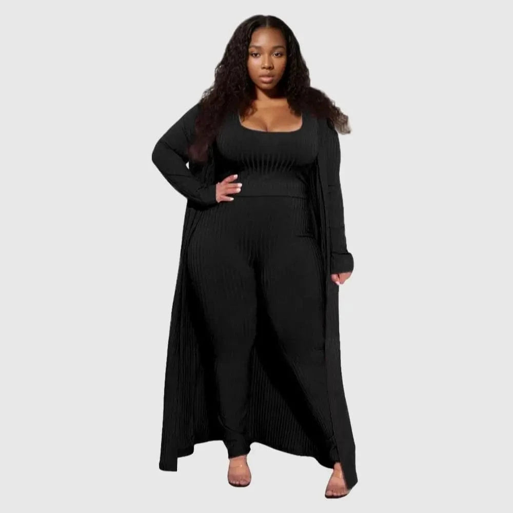 3 XL / Black E0110ME14 New Design Plus Size Loungwear Ribbed Good Stretch 3 Piece Basic Clothing Sets Women Sehe Fashion