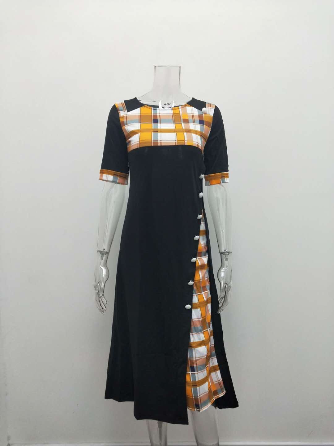 3 XL / black New women's contrast color mid-sleeve irregular dresses long dress plaid printing women's dress for boutique