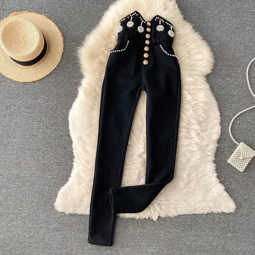 3 XL / Black Padded Factory Wholesale Padded tight-fitting ultra-high waist bottoming pants Heavy-duty beaded slim-fit pants