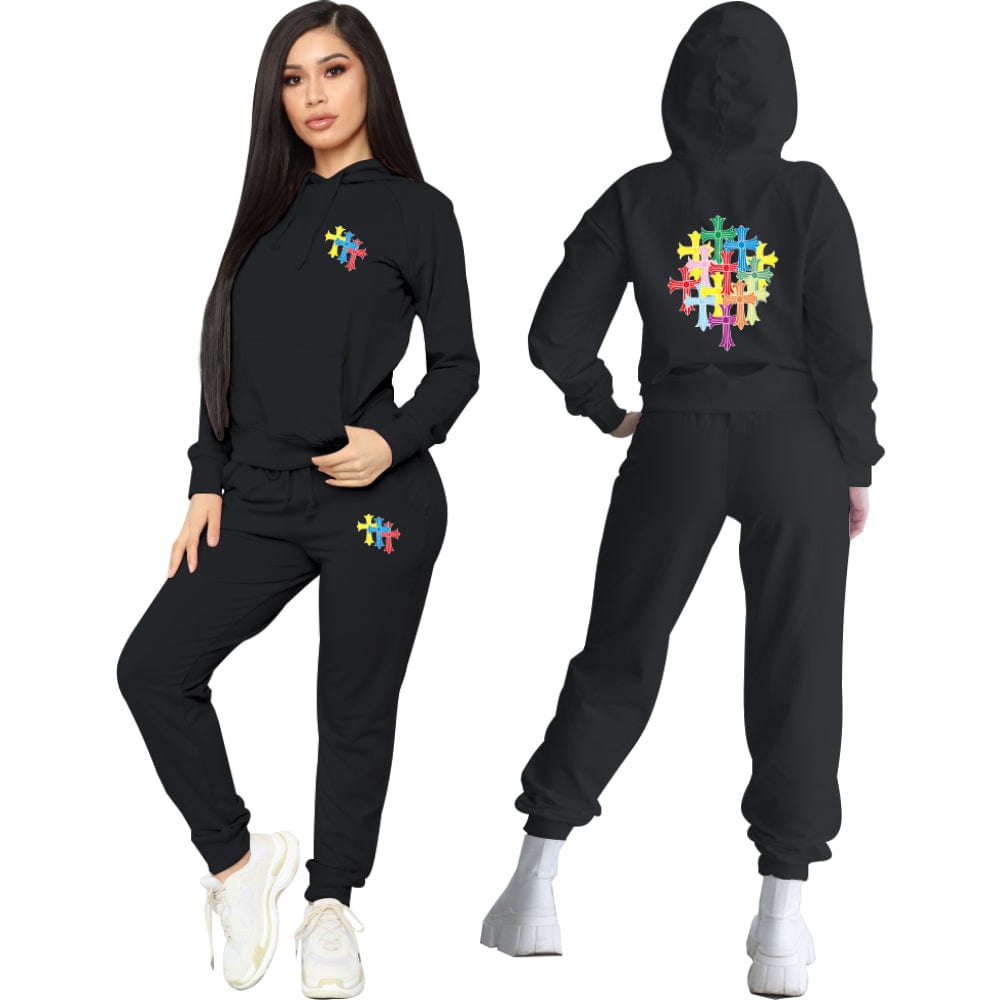 3 XL / black Trendy Women Clothes Designer Clothes Fashion Printed Drawstring Hooded Collar Long Sleeve Two Pieces Pant Set