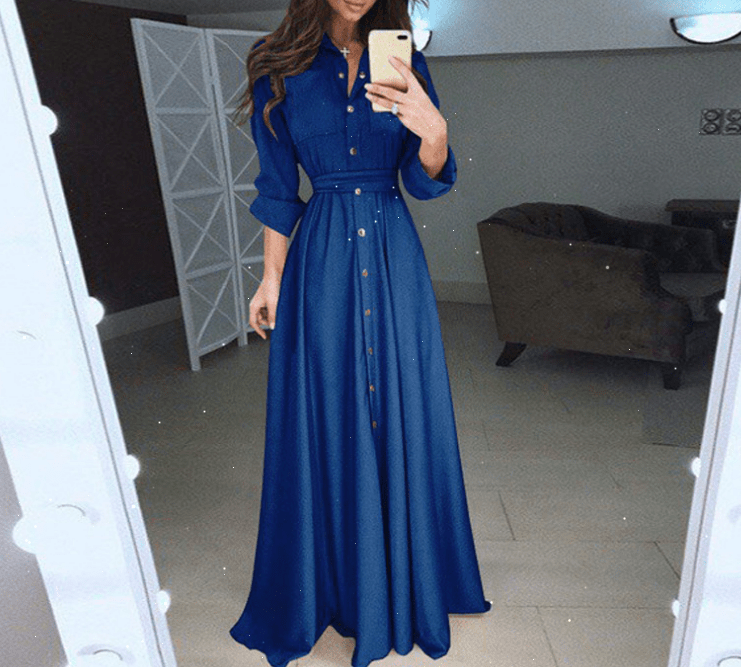 3 XL / Blue 5 colors 8 yards ladies party slim dresses female long-sleeved button dress lace up long dress for women