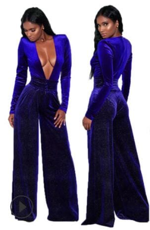 3 XL / Blue Big plus size women Black jumpsuits womens fashion deep v neck sexy clubwear elegant ladies velvet jumpsuits romper YY10038