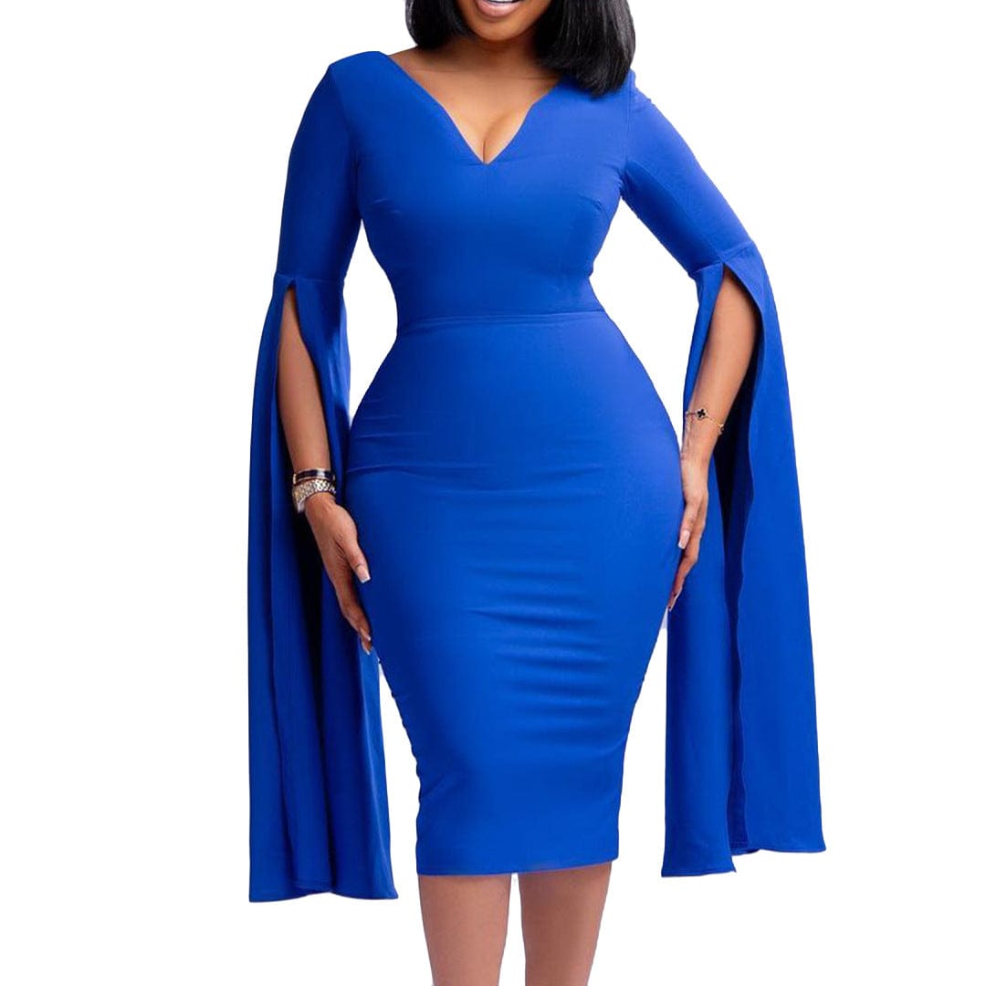 3 XL / Blue C1102ME73 Stylish Design Office Casual Slit Sleeve Solid Color Bodycon Dress Women Sehe Fashion