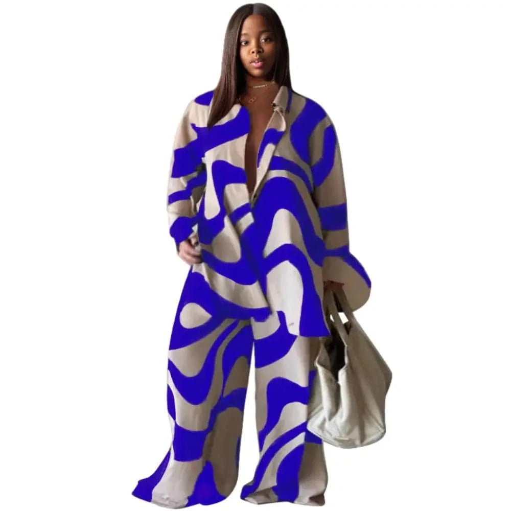 3 XL / Blue E0110ME12 Spot Goods Plus Size Print Casual Matching Straight Pants Loose Leg 2 Piece Women Sets Sehe Fashion