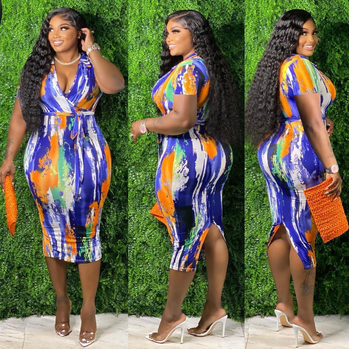 3 XL / Blue orange V Neck Short Sleeve Bodycon Midi Dress Tie Dyed Belt Oversized Dress Office Lady Casual Dresses Plus Size Women Clothing Summer