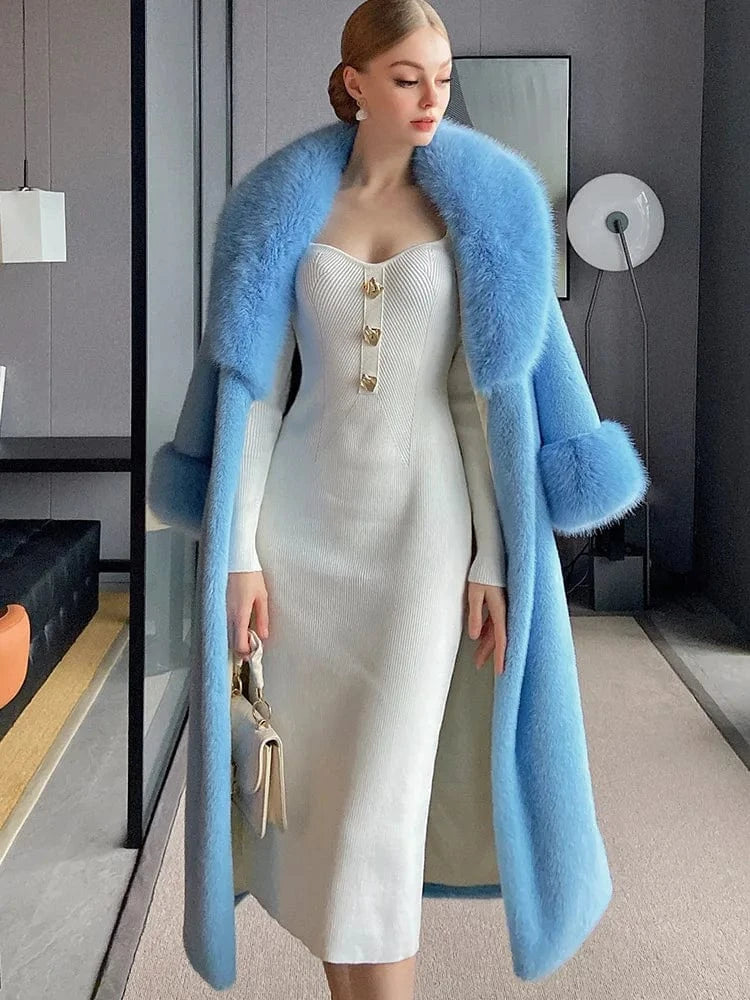 3 XL / Blue Winter Fashion 2022 Plus Size warm Mink Fur Trench Long Coat With Fur Lapel and Cuff Faux Fur Trim Jacket For Women Winter Coat