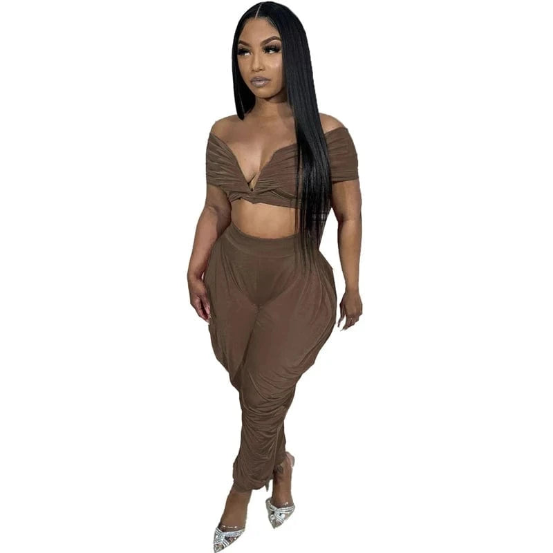 3 XL / Brown women's sexy club summer wear 2024 new arrivals trend product pleated 2 piece pants set outfit clothing clothes for lady 2024