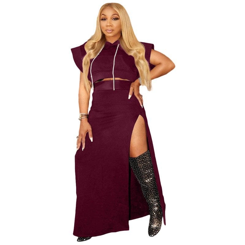 3 XL / Burgundy 2022 Summer New Arrival Fashion Women Two Piece Set Solid Color Crop Top Sets High Split Long Skirt Sets