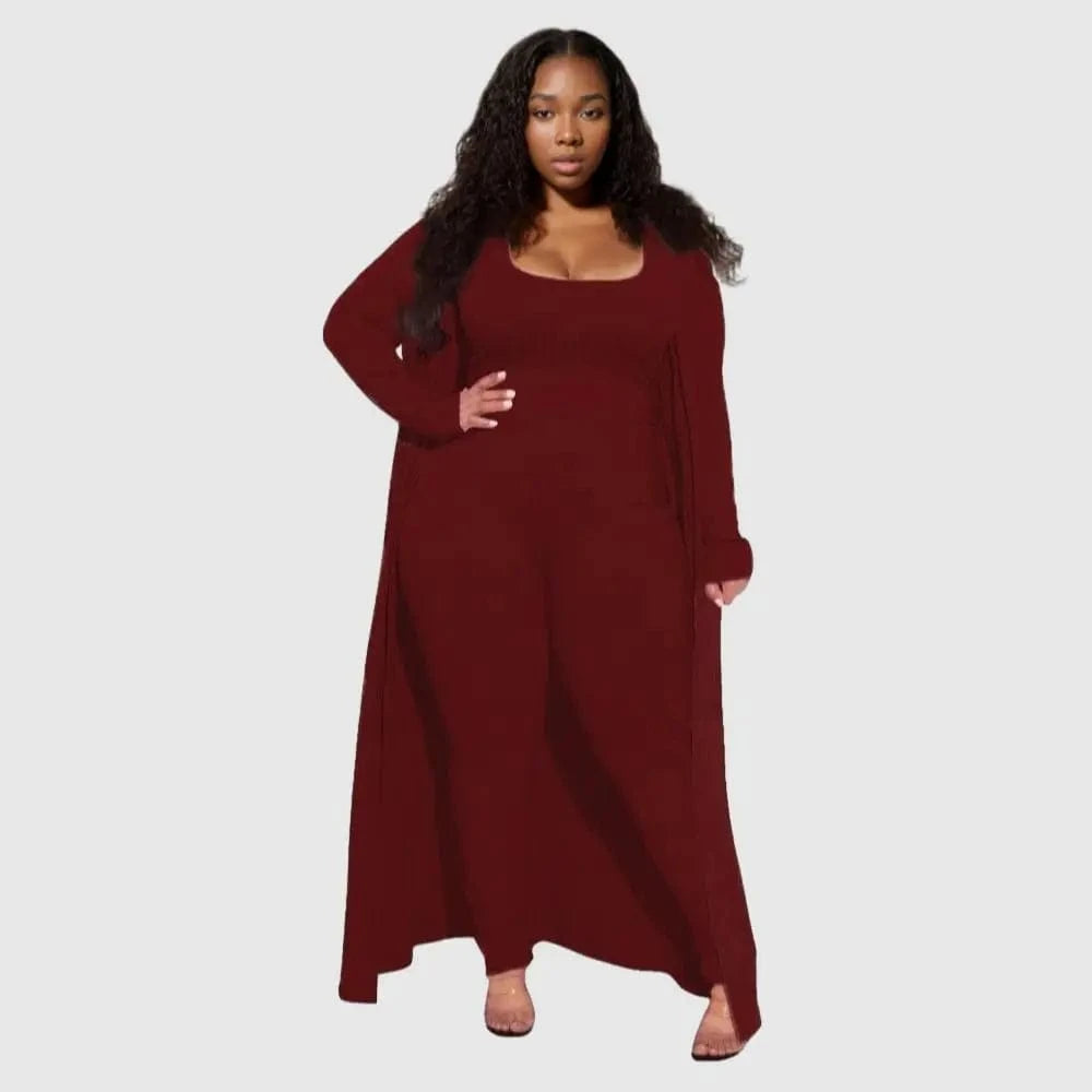 3 XL / Burgundy E0110ME14 New Design Plus Size Loungwear Ribbed Good Stretch 3 Piece Basic Clothing Sets Women Sehe Fashion