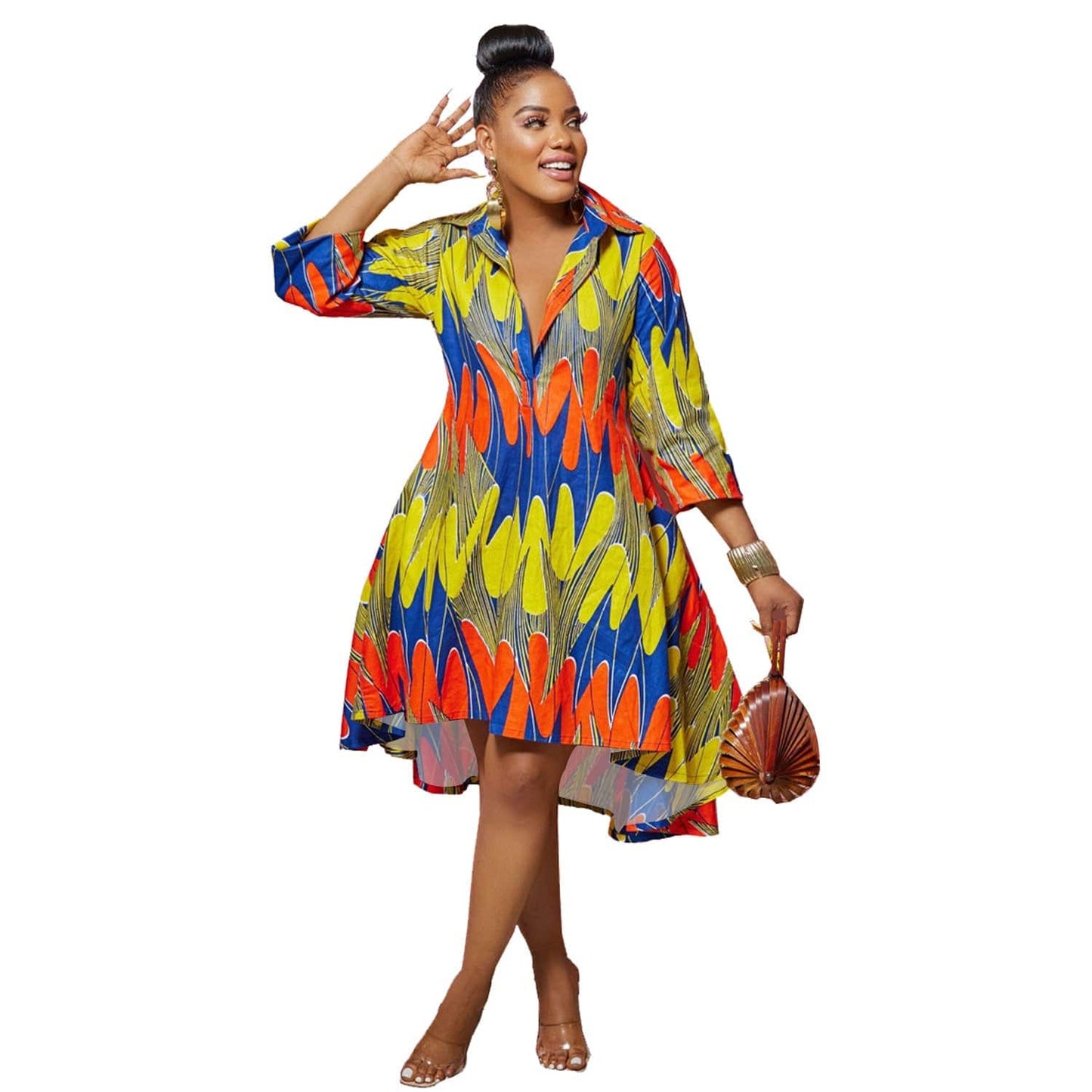 3 XL / Color Plus Size 3/4 Sleeve Colourful Denim Leopard Camo Asymmetrical Silk Dress Women Ladies Elegant Loose Womens Knee Length Dresses