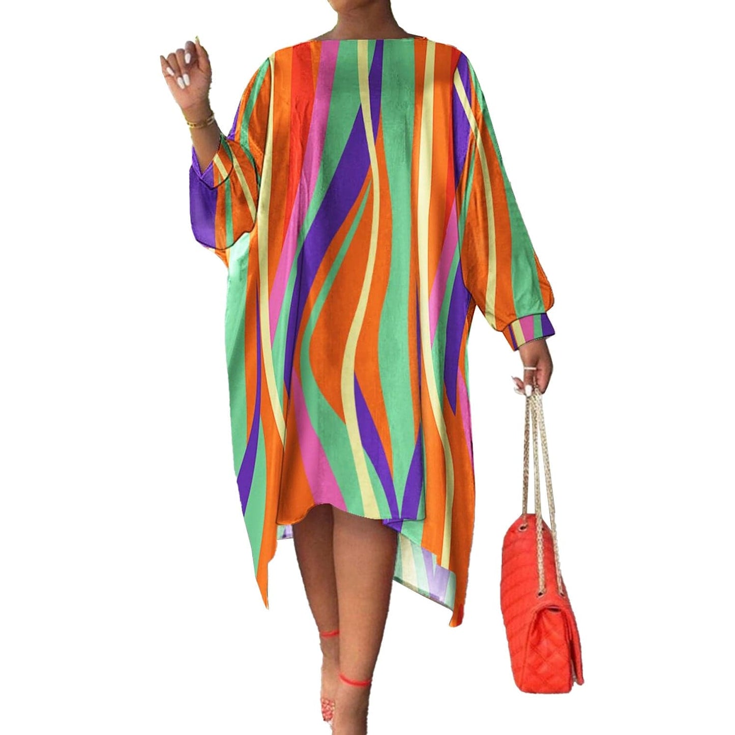 3 XL / Colors Classic Abstract Women Stripped Loose Shirt Dress Long Sleeve Dresses Women Lady Elegant Midi Large Size Plus Size Women Dress