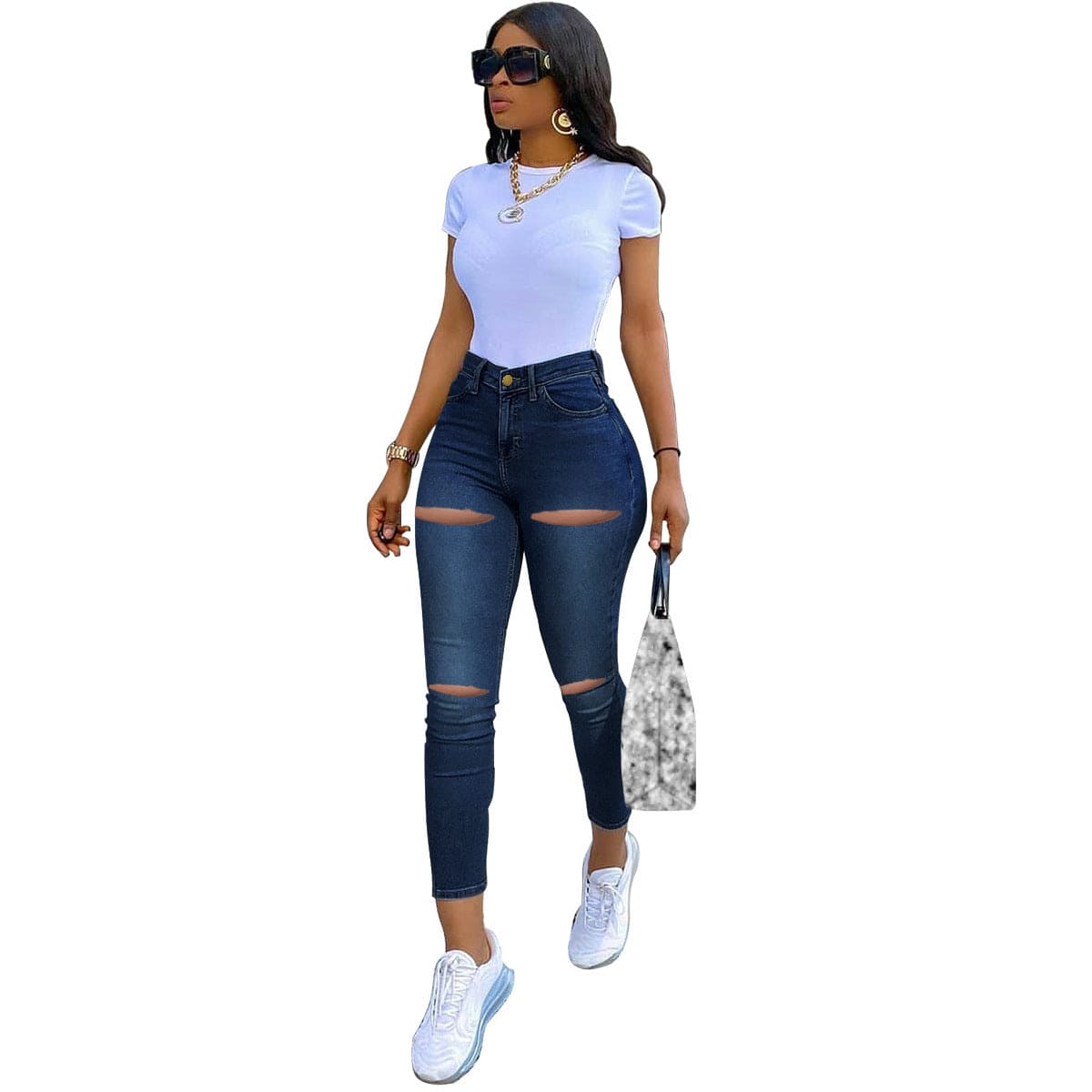3 XL / Dark blue PD9371 Ripped Hole Jeans 2023 New Arrivals Stretch Pencil Pants High Waist Slim Fit Street Wear Denim Jeans Mujer