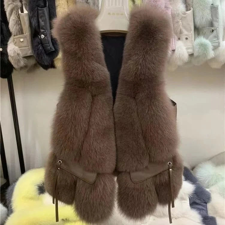 3 XL / dark camel Jackets For Women 2022 Faux Fox Sleeveless Winter Coat Plus Size Vest For Women