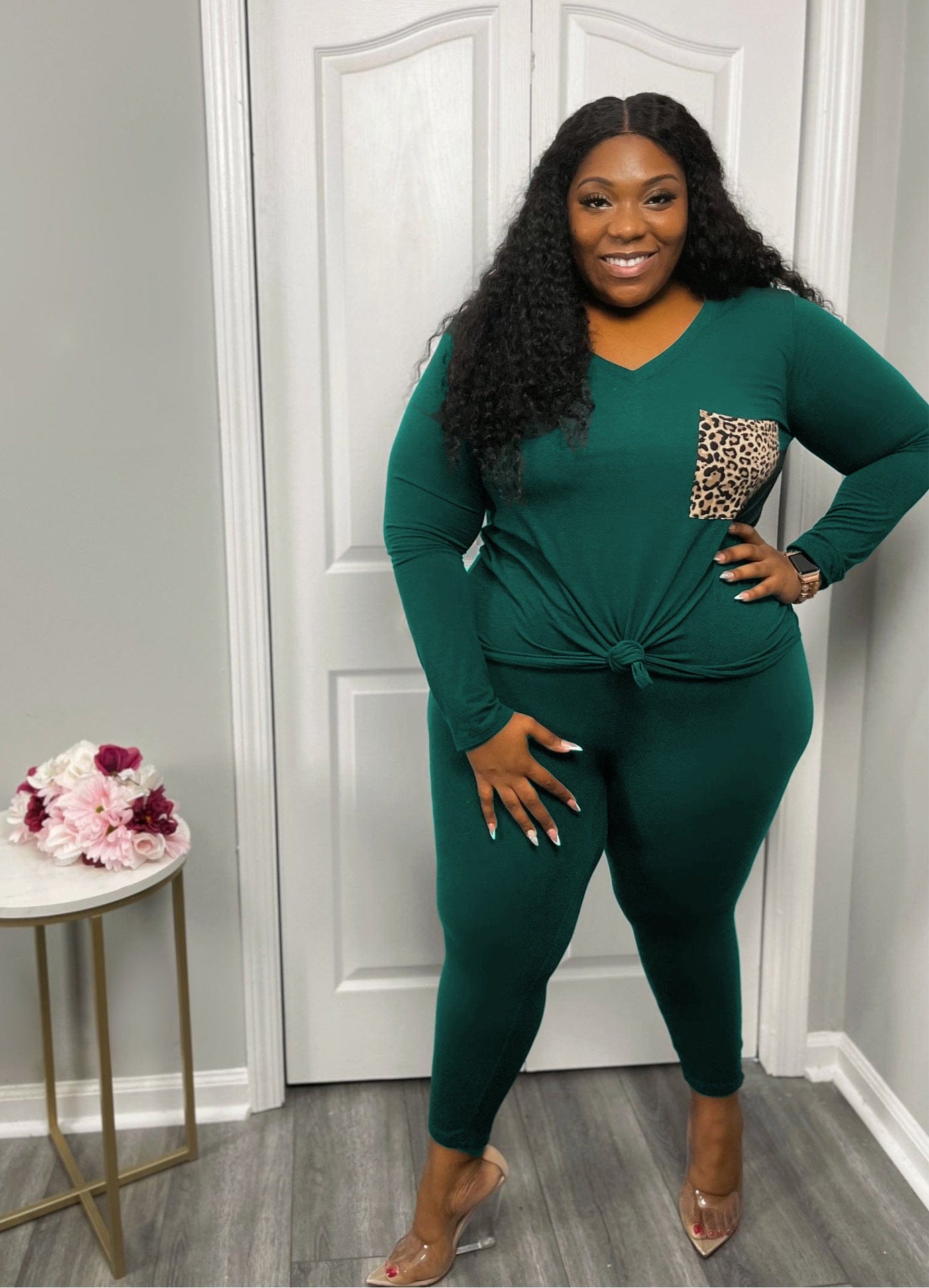 3 XL / dark green KC 2022 fall and winter women plus size Leopard pocket 2 piece jogging set clothing