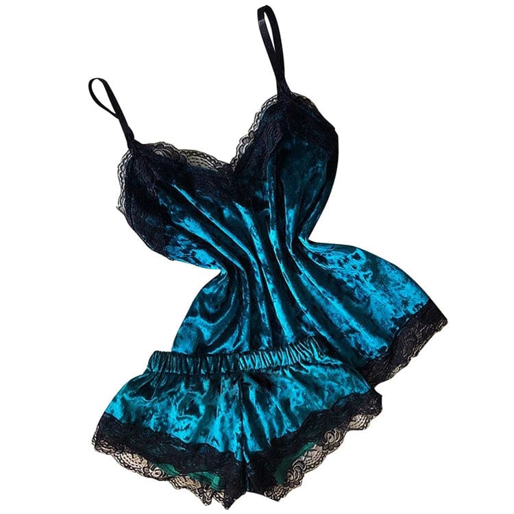 3 XL / Dark green Women Velvet Lace Sleepwear Pajamas Sexy Sleeveless Camisole With Shorts Lingerie Two Piece Summer Nightwear