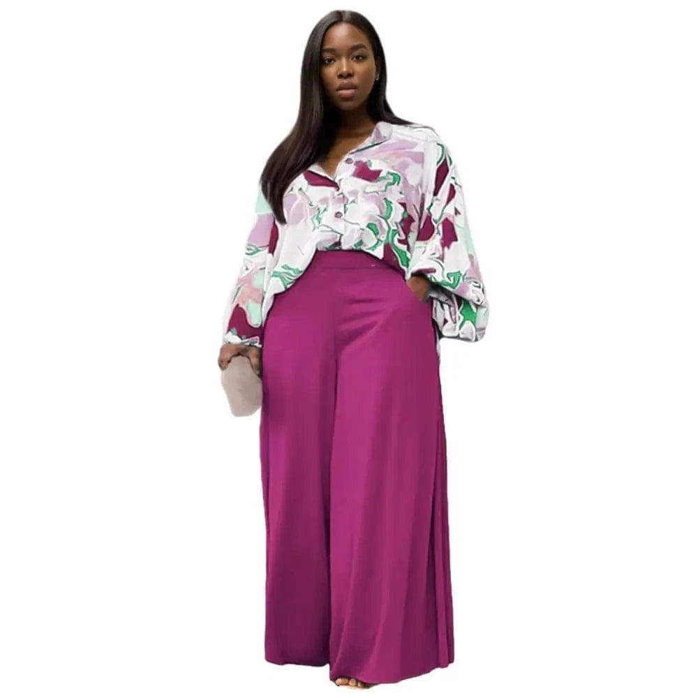 3 XL / Fuchsia E0110ME16 High Quality Plus Size Floral Print Workout Loose Leg Pants 2 Piece Matching Women Set Sehe Fashion